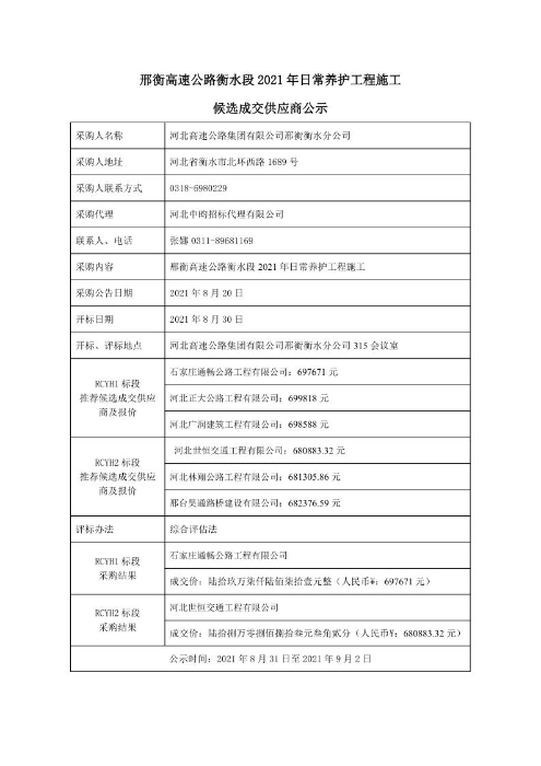 邢衡高速公路衡水段2021年日常养护工程施工候选成交供应商公示_1